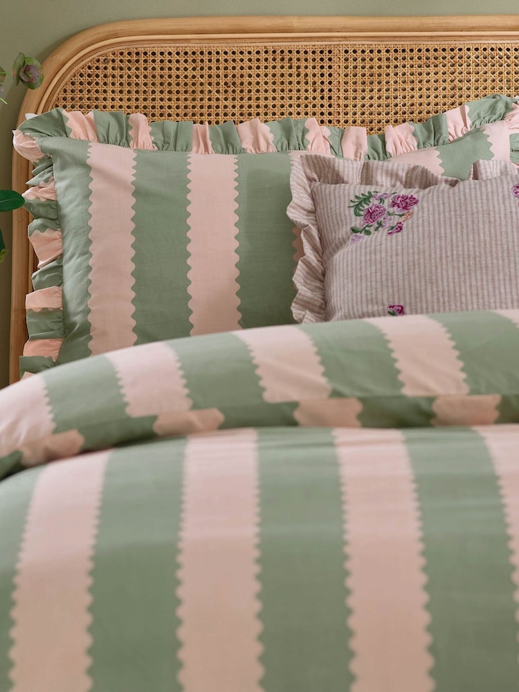 Wylder Pink Green Birdie Stripe Ruffle Duvet Set - Image 2 of 3