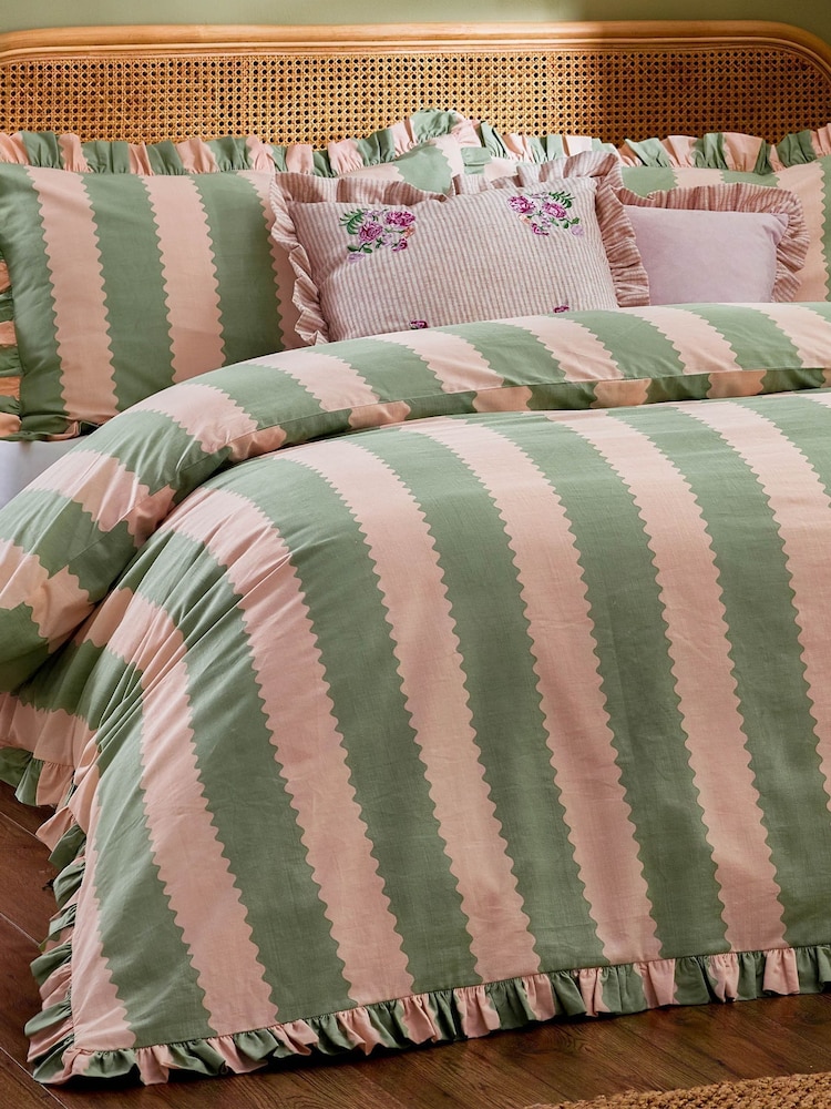 Wylder Pink Green Birdie Stripe Ruffle Duvet Set - Image 3 of 3