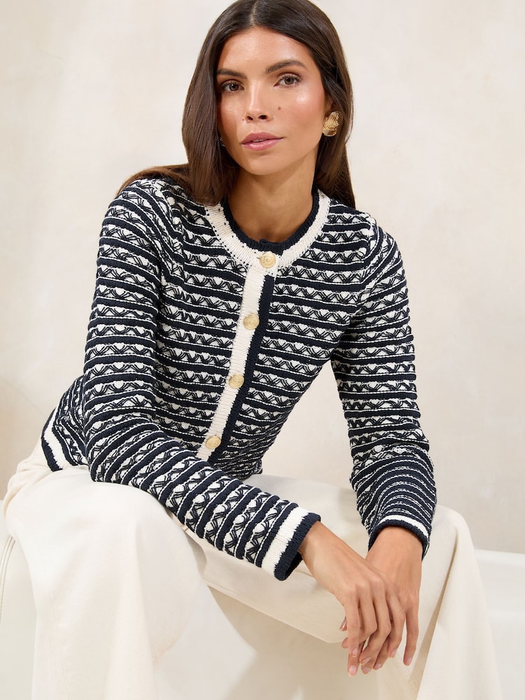 Lipsy Black/White Buttoned Crew Neck Knit Cardigan - Image 1 of 4