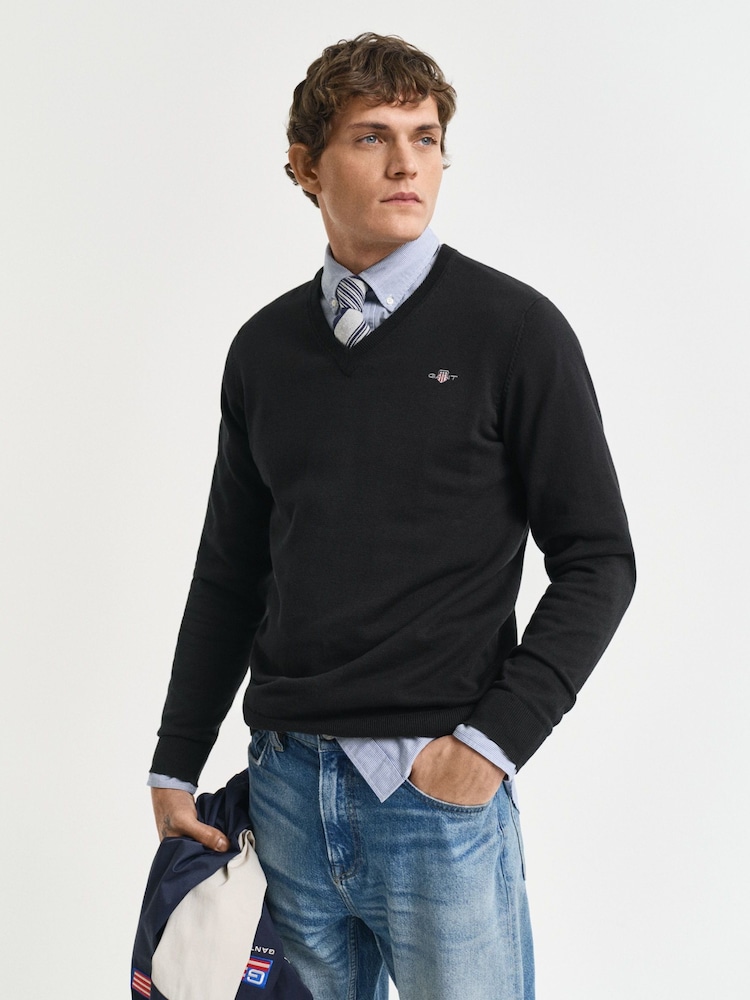 GANT Black Classic 100% Cotton V-Neck Jumper - Image 1 of 4