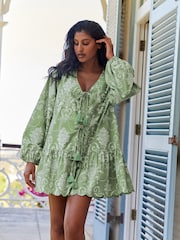 Laura Ashley Green Josette Cotton Tie Front Beach Cover-Up - Image 1 of 9
