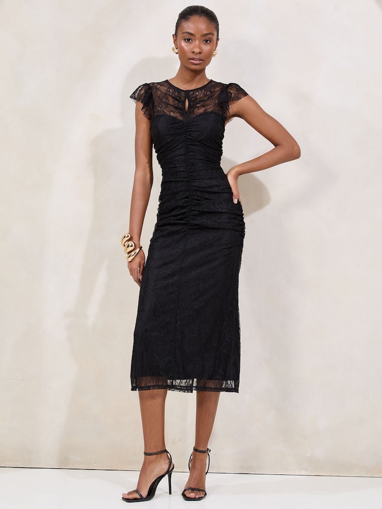 Lipsy Black Keyhole Ruched Lace Bodycon Midi Dress - Image 3 of 4