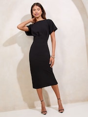 Lipsy Black Blouson Button Detail Bodycon Midi Dress - Image 1 of 4