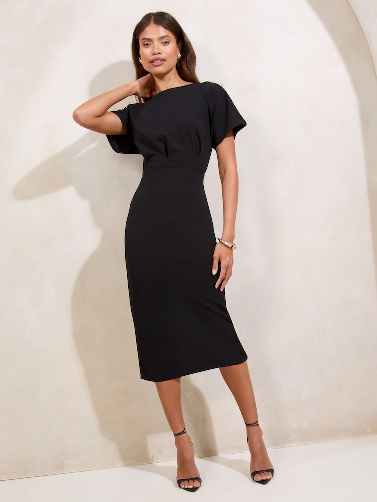 Lipsy Black Blouson Button Detail Bodycon Midi Dress - Image 1 of 4