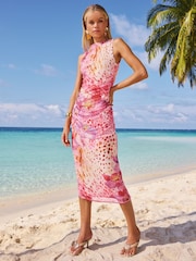 Lipsy Pink Orchid Petite Printed Sleeveless Ruched Mesh Midi Dress - Image 2 of 5