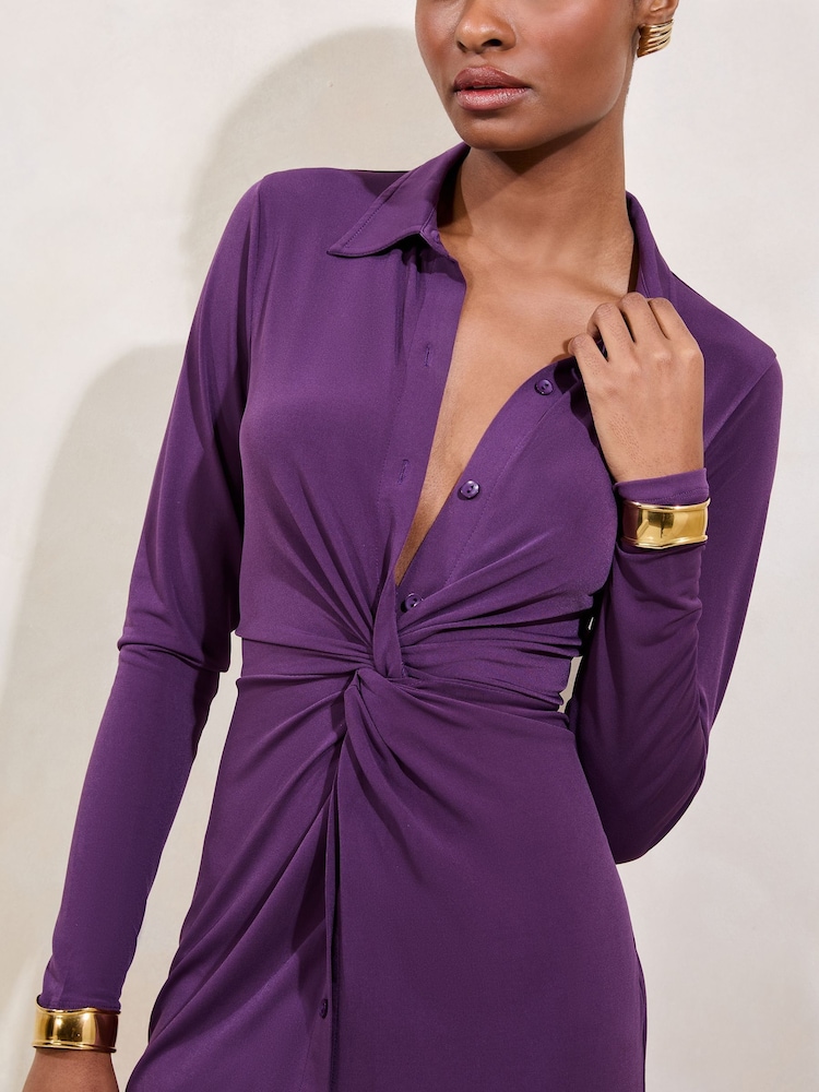 Lipsy Purple Jersey Knot Front Midi Shirt Dress - Image 4 of 5