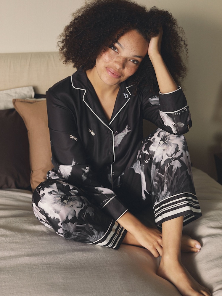 B by Ted Baker Black Bird Satin Button Through Pyjamas - Image 2 of 16 B by Ted Baker Black Bird Satin Button Through Pyjamas - Image 2 of 16