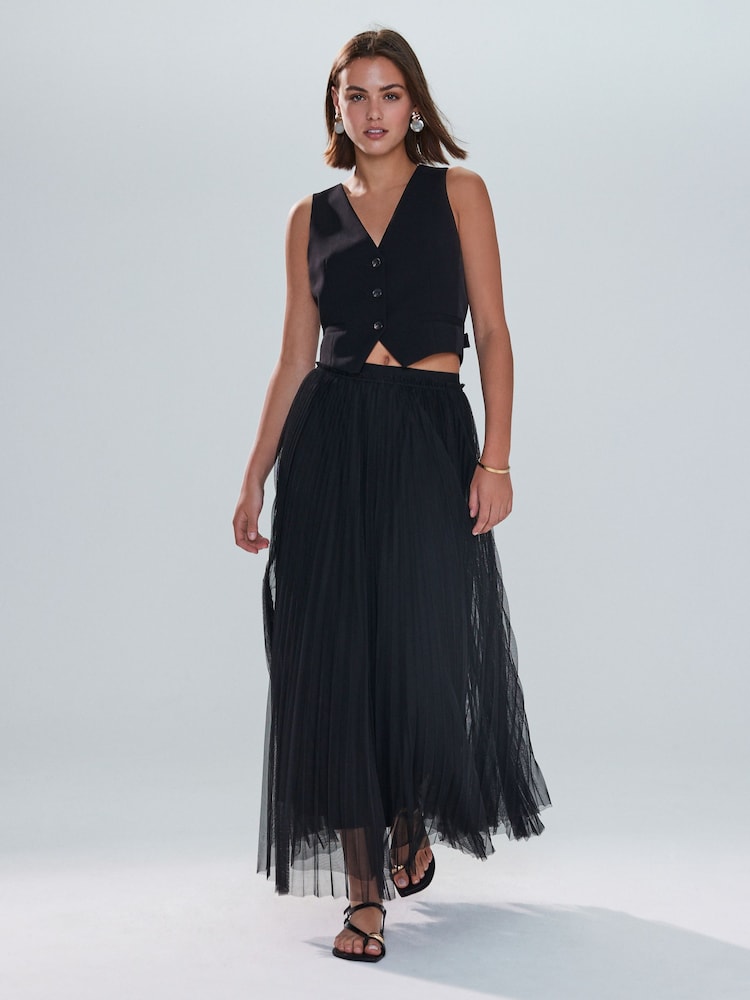 Black Pleated Mesh Tulle Maxi Skirt - Image 1 of 8 Black Pleated Mesh Tulle Maxi Skirt - Image 1 of 8