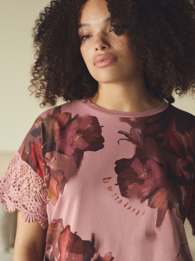 B by Ted Baker Pink Floral Print Night T-Shirt - Image 4 of 4