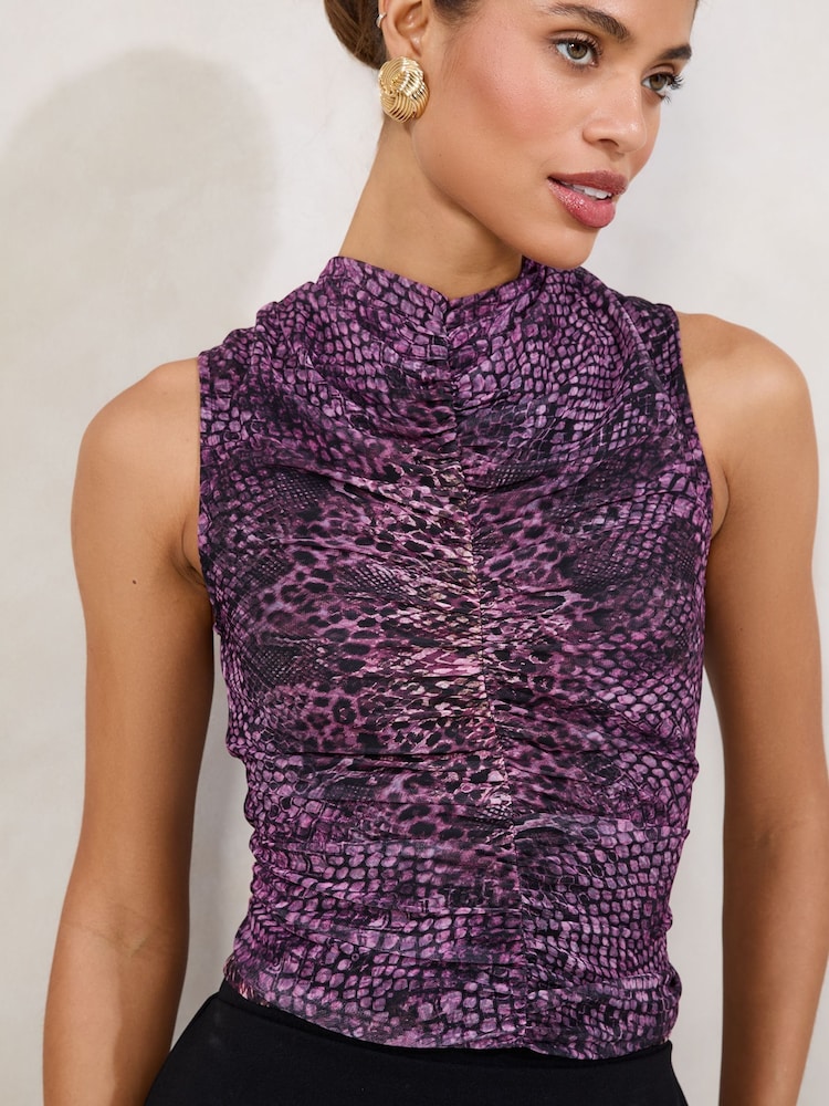 Lipsy Pink Animal Print Sleeveless Mesh Ruched Top - Image 1 of 4
