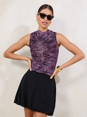 Lipsy Pink Animal Print Sleeveless Mesh Ruched Top - Image 2 of 4