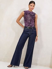 Lipsy Pink Animal Print Sleeveless Mesh Ruched Top - Image 3 of 4