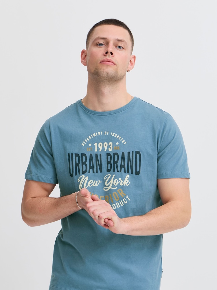 Blend Blue Printed Short Sleeve 100% Cotton T-Shirt - Image 1 of 5