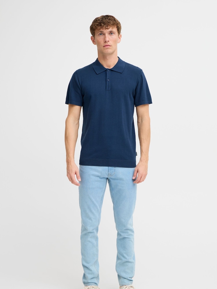 Blend Blue Lightweight Knitted 100% Cotton Polo Shirt - Image 3 of 5
