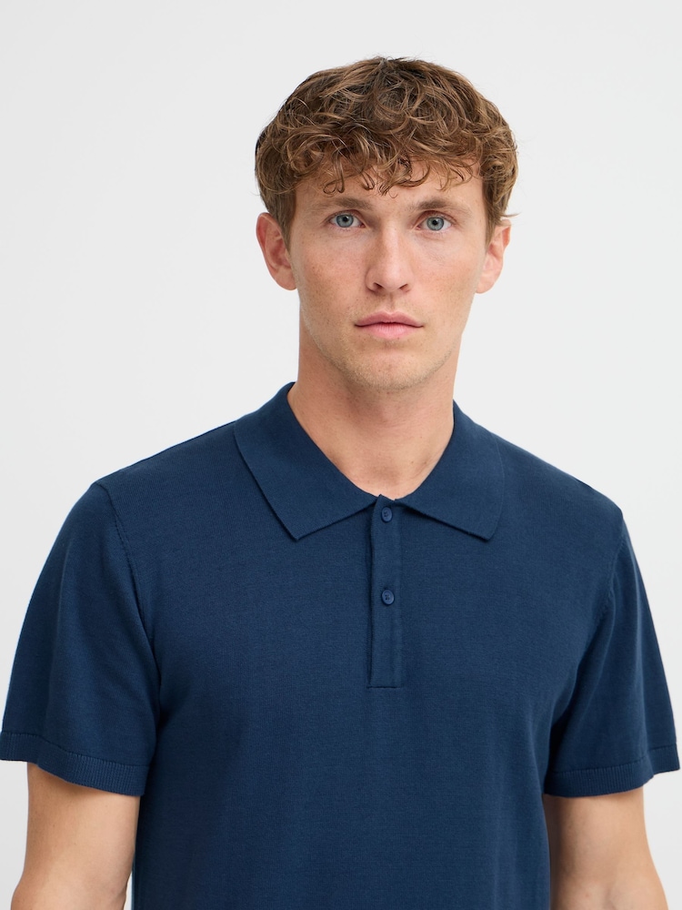 Blend Blue Lightweight Knitted 100% Cotton Polo Shirt - Image 4 of 5
