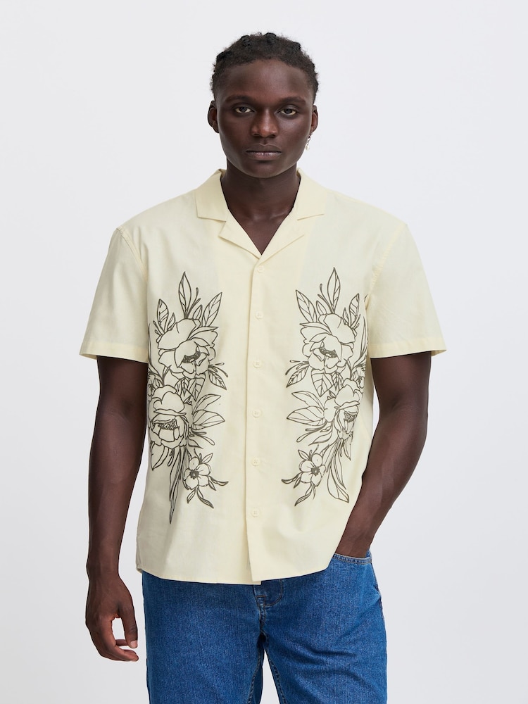 Blend Cream Floral Resort Short Sleeve 100% Cotton Shirt - Image 1 of 5