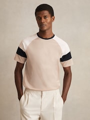 Reiss Sand/Navy Adan Mercerised-Cotton Colourblock T-Shirt - Image 1 of 6