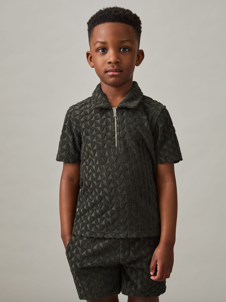 Donkergrijsgroen - Reiss Jackson Textured Towelling Polo Shirt - Image 3 of 4