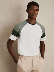 Blanco/salvia - Reiss Adan Mercerised-Cotton Colourblock T-Shirt - Imagen 1 de 6