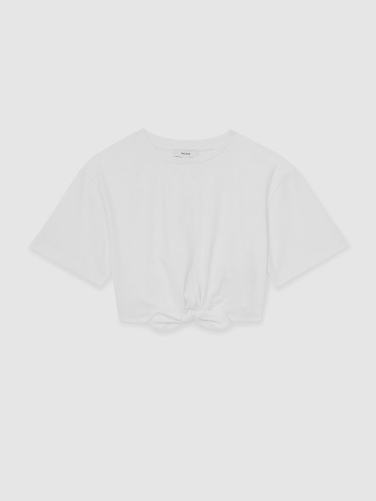 Reiss Ivory Tyla Cotton Tie-Front Cropped T-Shirt - Image 2 of 4