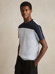 Reiss Soft Blue/Navy Otis Mercerised-Cotton Colour-Block T-Shirt - Image 1 of 6