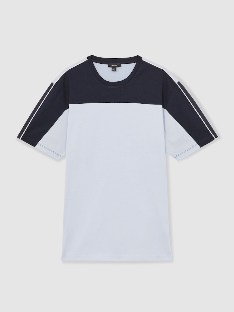 Reiss Soft Blue/Navy Otis Mercerised-Cotton Colour-Block T-Shirt - Image 2 of 6