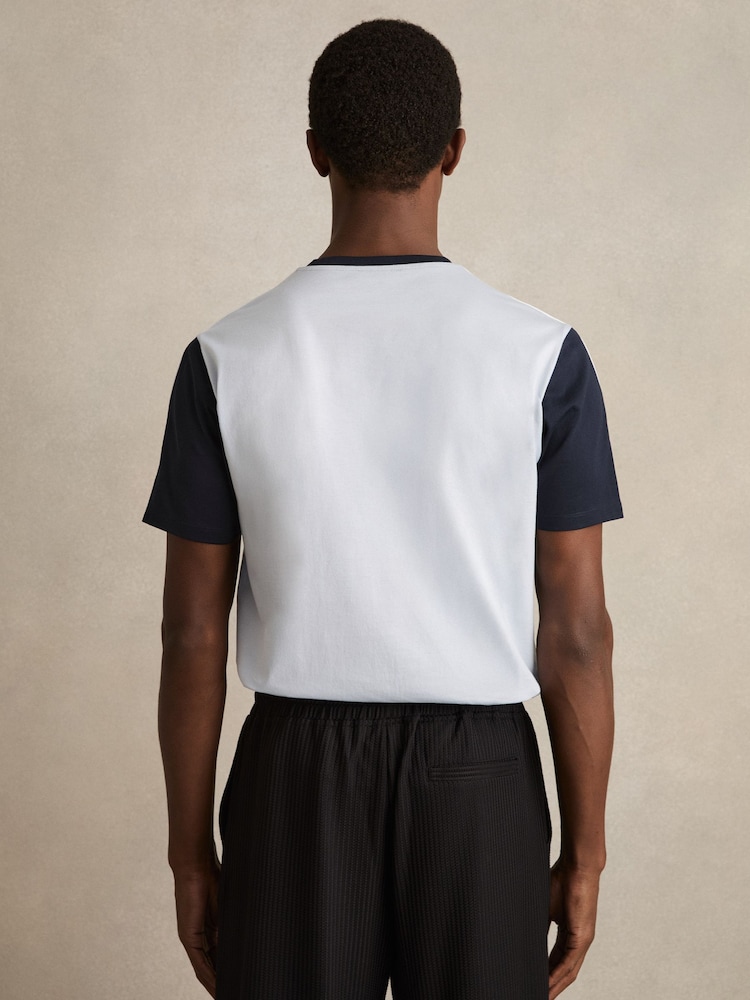 Reiss Soft Blue/Navy Otis Mercerised-Cotton Colour-Block T-Shirt - Image 5 of 6