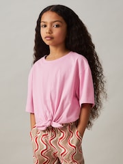 Rosa - Reiss Tyla Cotton Tie-Front Cropped T-Shirt - Imagen 1 de 4