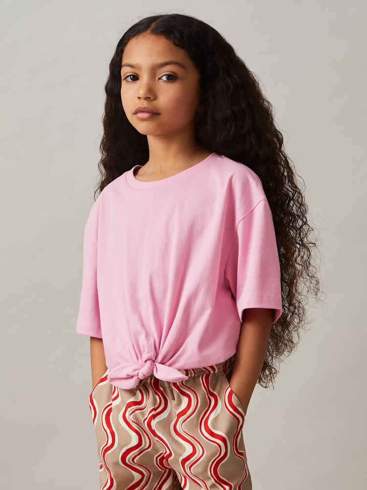 Rosa - Reiss Tyla Cotton Tie-Front Cropped T-Shirt - Imagen 1 de 4