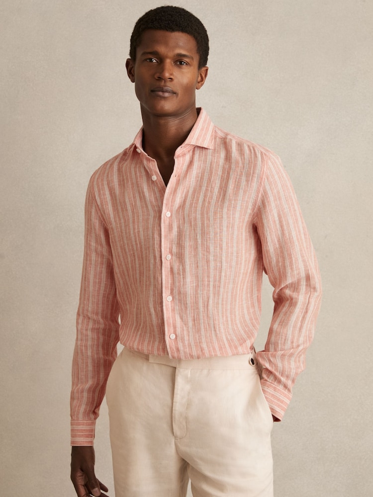 Reiss Pink Rose/White Bengal Stripe Ruban Linen Striped Long Sleeve Shirt - Image 1 of 8 Reiss Pink Rose/White Bengal Stripe Ruban Linen Striped Long Sleeve Shirt - Image 1 of 8