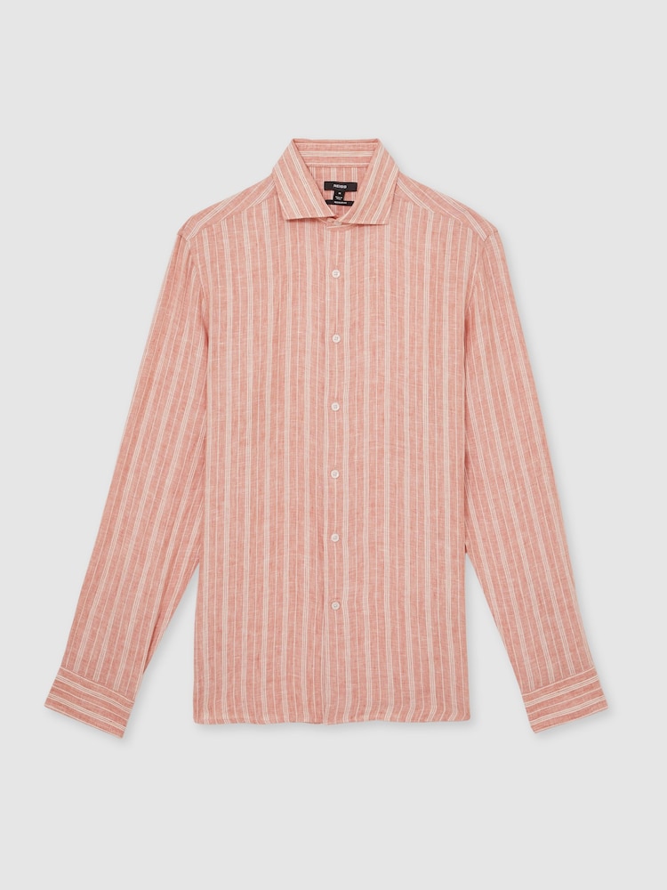 Reiss Pink Rose/White Bengal Stripe Ruban Linen Striped Long Sleeve Shirt - Image 2 of 8 Reiss Pink Rose/White Bengal Stripe Ruban Linen Striped Long Sleeve Shirt - Image 2 of 8