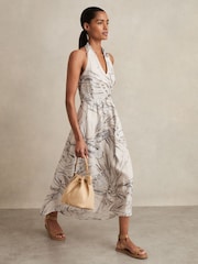 Reiss Neutral Carla Petite Linen Palm Print Halterneck Midi Dress - Image 1 of 7