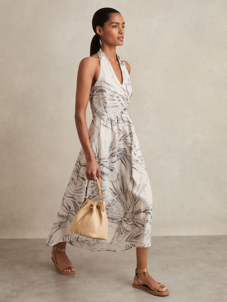 Reiss Neutral Carla Petite Linen Palm Print Halterneck Midi Dress - Image 1 of 7