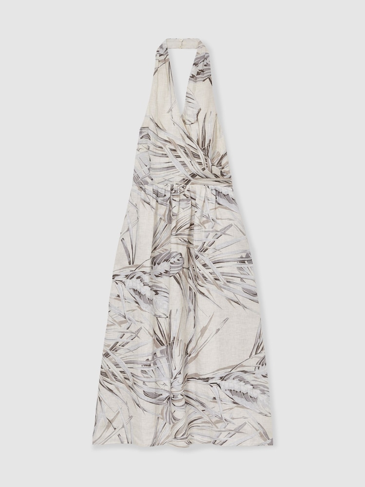 Reiss Neutral Carla Petite Linen Palm Print Halterneck Midi Dress - Image 2 of 7