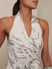 Reiss Neutral Carla Petite Linen Palm Print Halterneck Midi Dress - Image 4 of 7