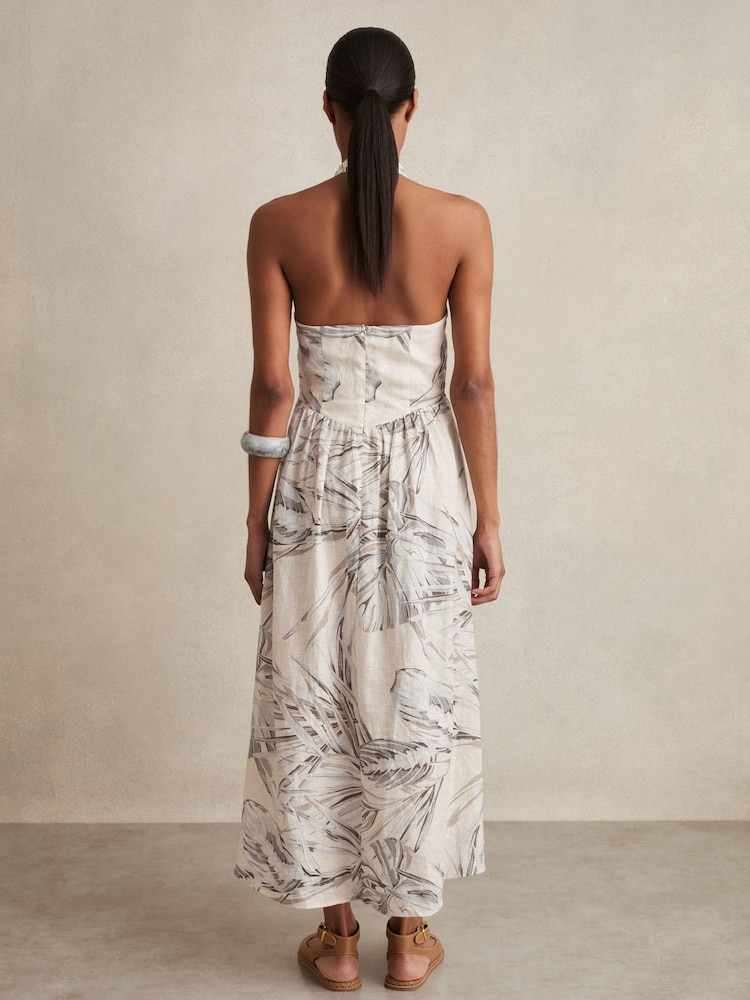 Buy Reiss Neutral Carla Petite Linen Palm Print Halterneck Midi Dress from  Next USA