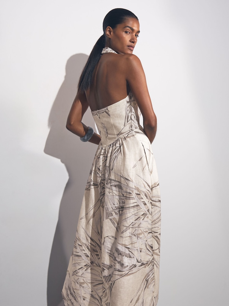 Reiss Carla Midi-Kleid mit Halterneck-Ausschnitt aus Leinen mit Palmenprint - Bild 7 von 7 Reiss Carla Midi-Kleid mit Halterneck-Ausschnitt aus Leinen mit Palmenprint - Bild 7 von 7