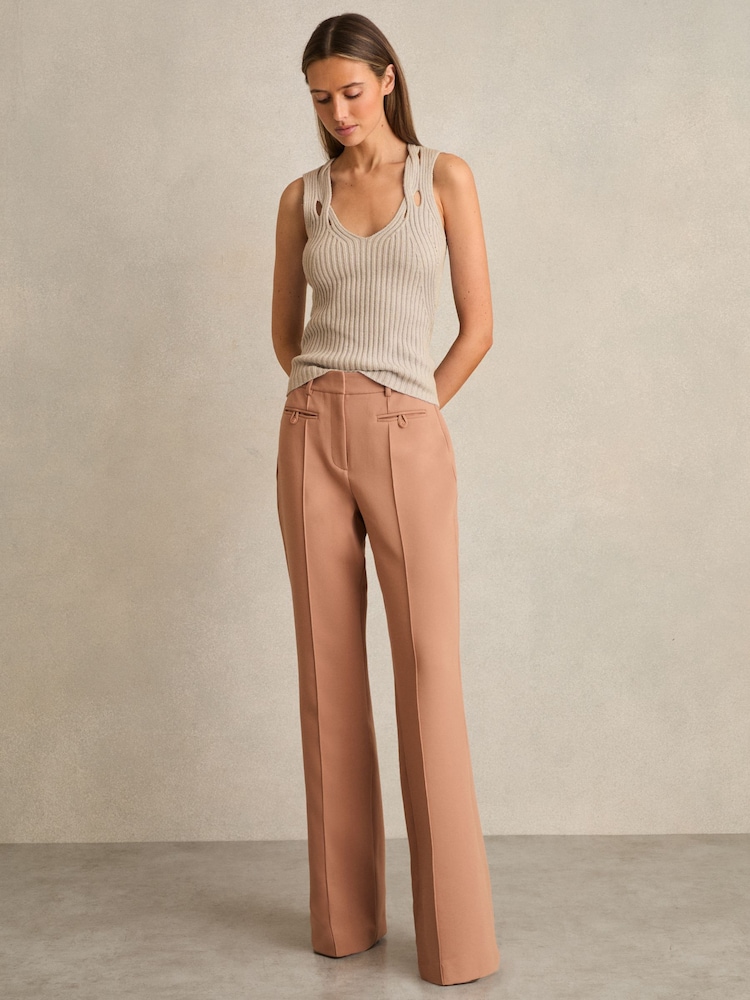 Reiss Tan Abbey Petite Welt Pocket Flared Trousers - Image 2 of 7