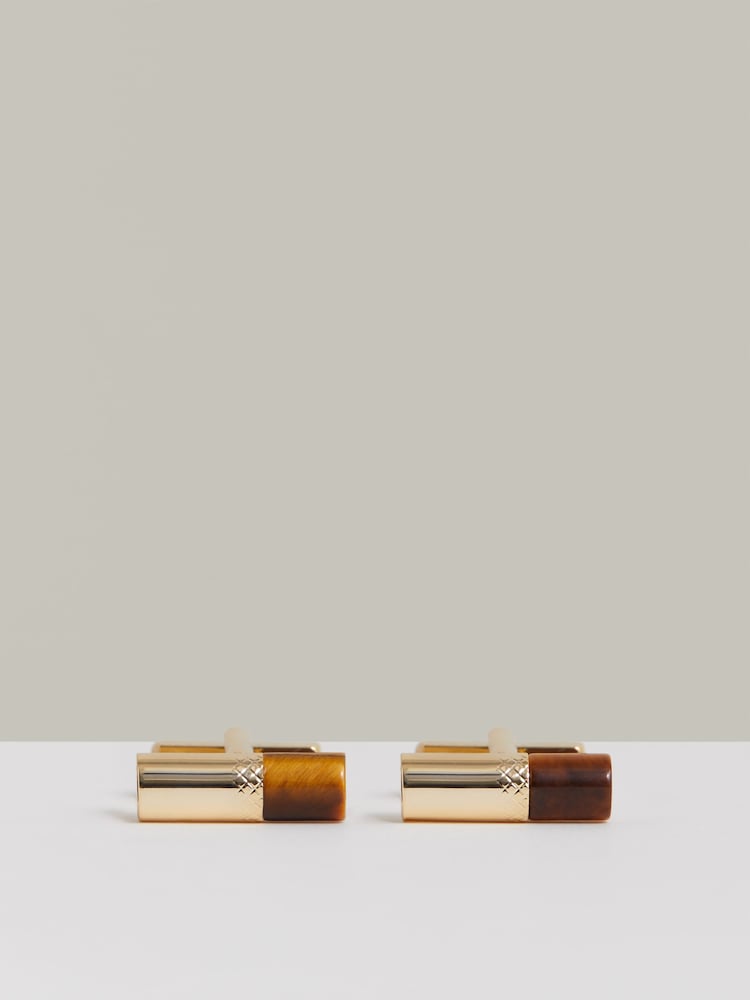 Reiss Gold/Tortoiseshell Dexter Stone Insert Barrel Cufflinks - Image 1 of 4