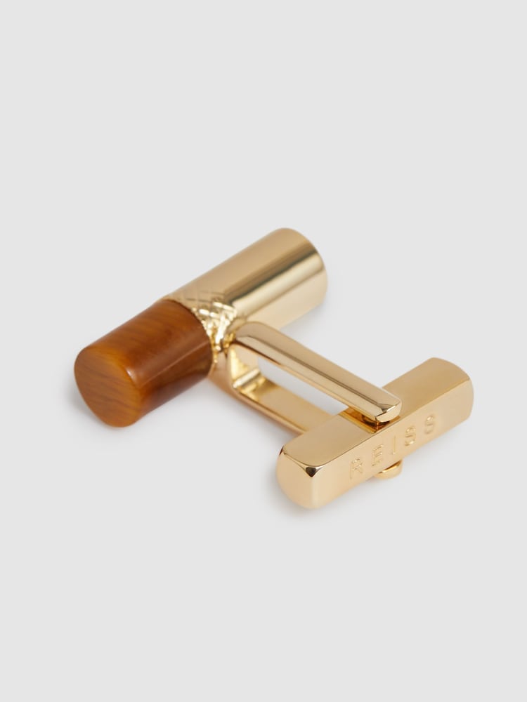 Reiss Gold/Tortoiseshell Dexter Stone Insert Barrel Cufflinks - Image 4 of 4
