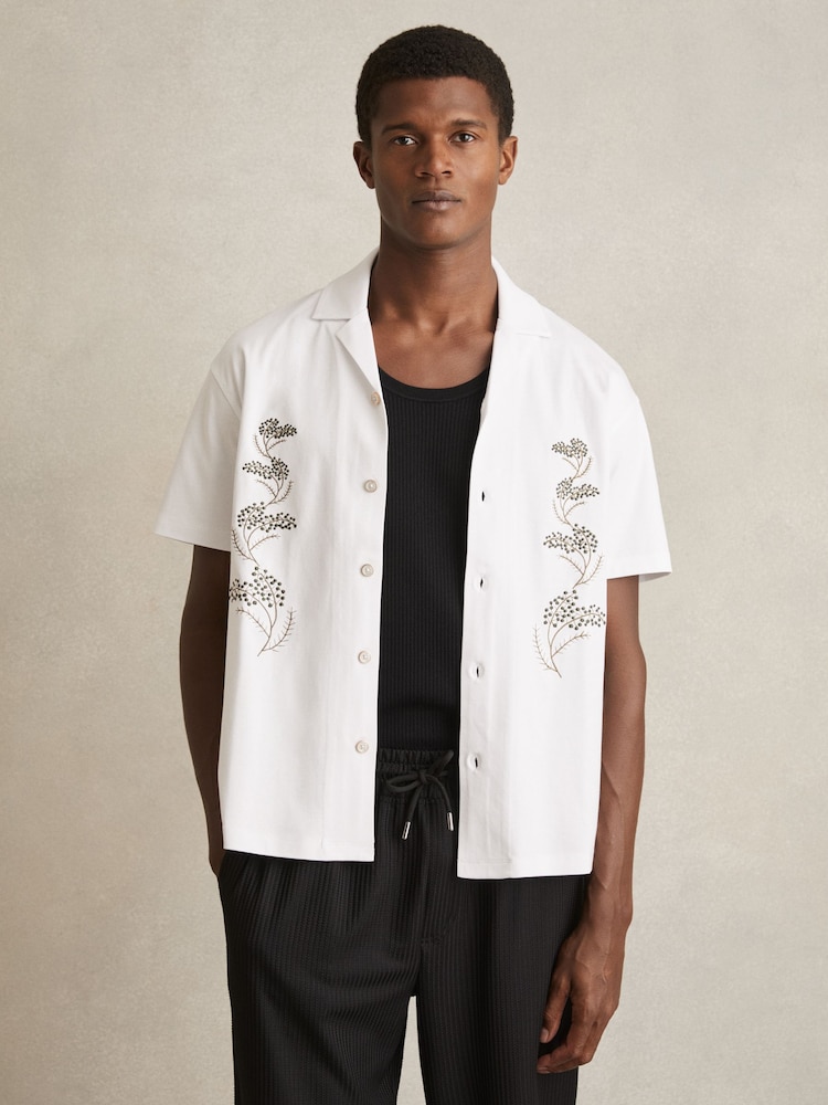 Reiss White Goya Cotton Floral Embroidered Shirt - Image 1 of 6