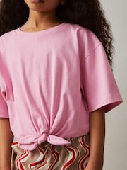 Rosa - Reiss Tyla Cotton Tie-Front Cropped T-Shirt - Imagen 1 de 4