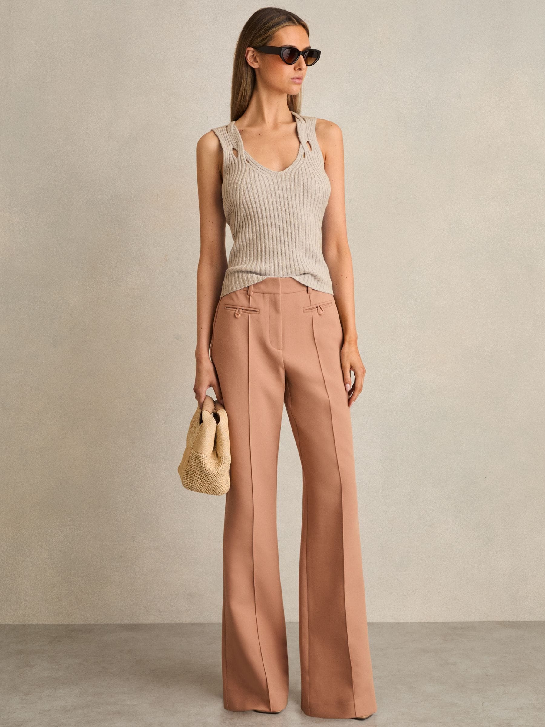 Reiss Tan Welt Pocket Flared Trousers