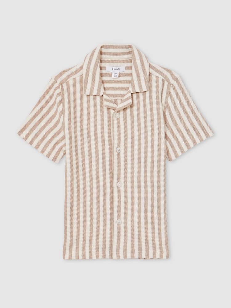 Reiss Stone/White Trig Textured Stripe Cuban-Collar Shirt - Image 1 of 4