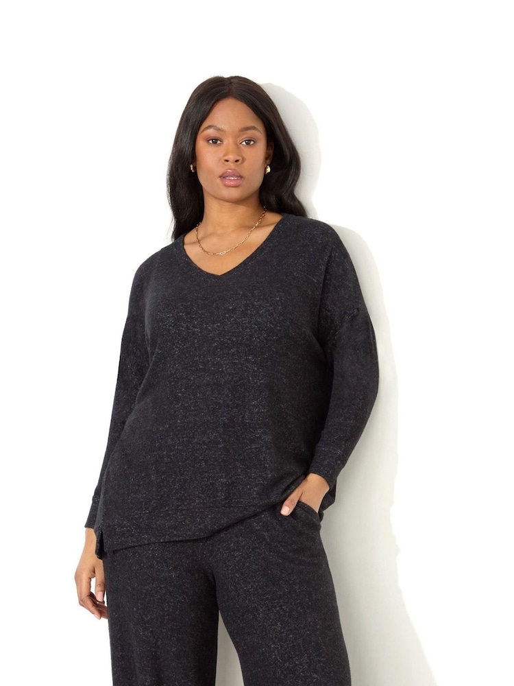 Live Unlimited Grey Supersoft V-Neck Relaxed Longline Top - Image 2 of 4