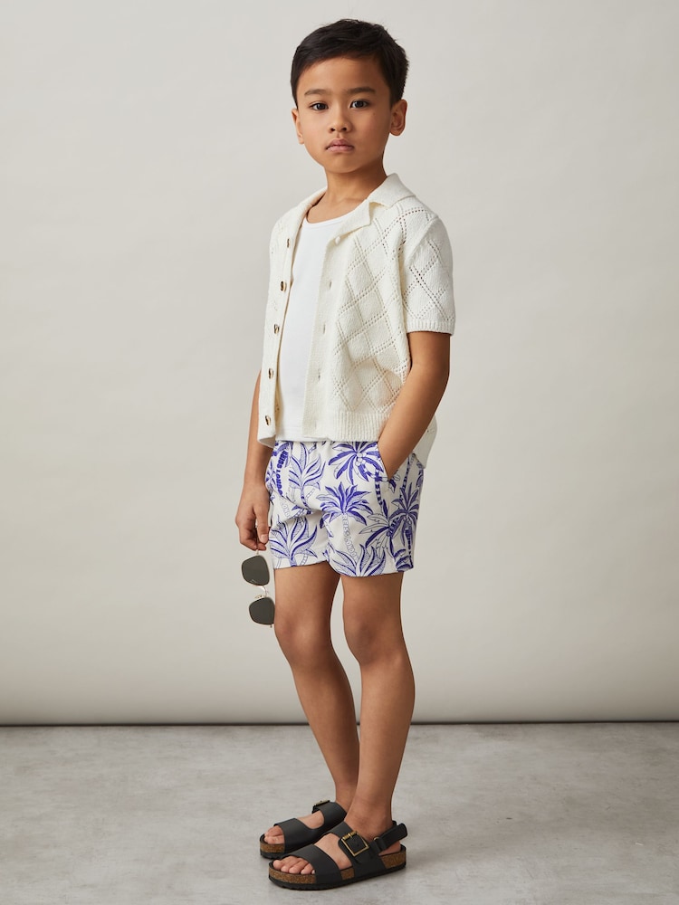 Reiss White/French Blue Ganetti Palm-Print Swim Shorts - Image 1 of 4