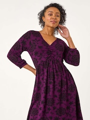 Roman Purple Petite Floral Print Ruched Dress - Image 1 of 5