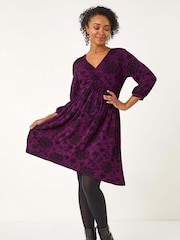 Roman Purple Petite Floral Print Ruched Dress - Image 2 of 5