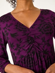 Roman Purple Petite Floral Print Ruched Dress - Image 5 of 5