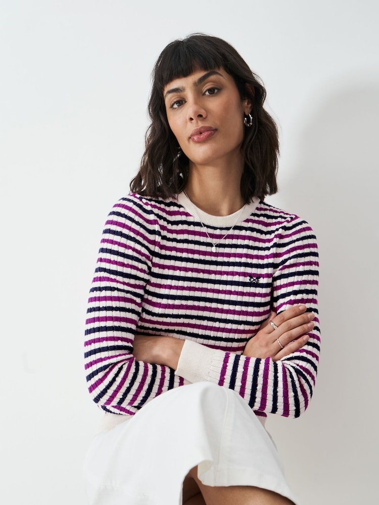 Crew Clothing White Ecru Heritage Cable Crew Neck Jumper - Image 3 of 5
